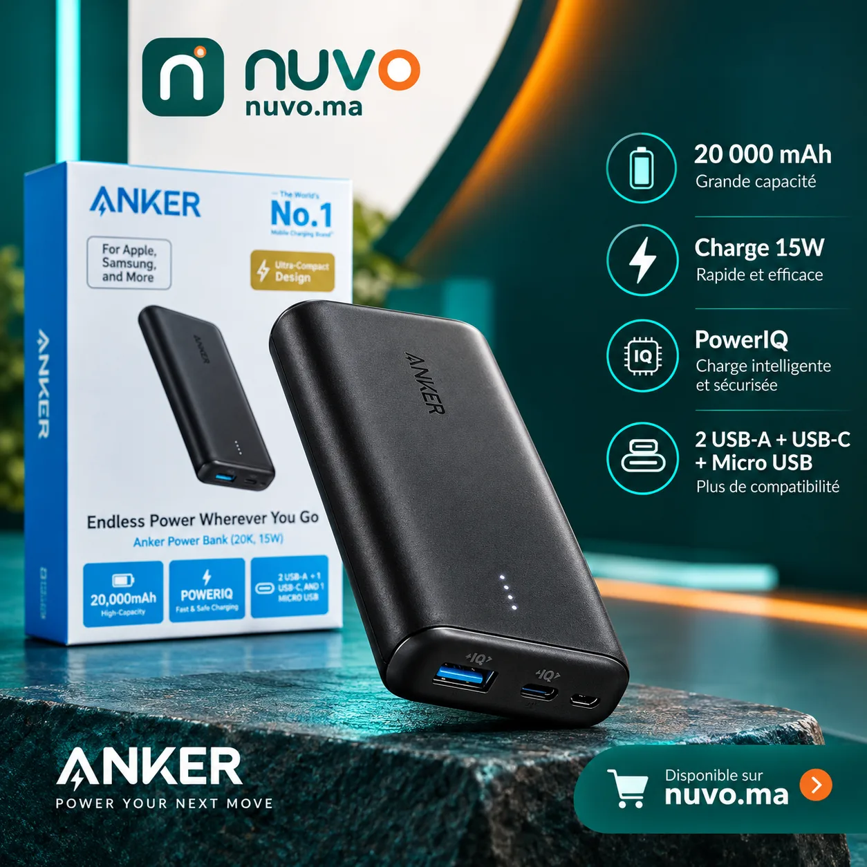 باور بانك أنكر 20000mAh – شحن سريع 15w – 1