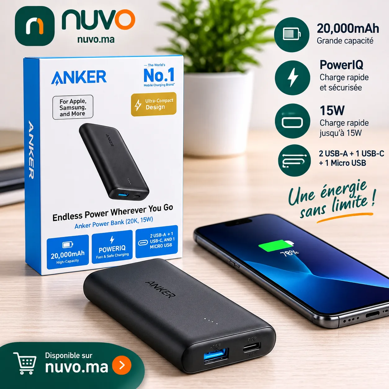 باور بانك أنكر 20000mAh – شحن سريع 15w – 3