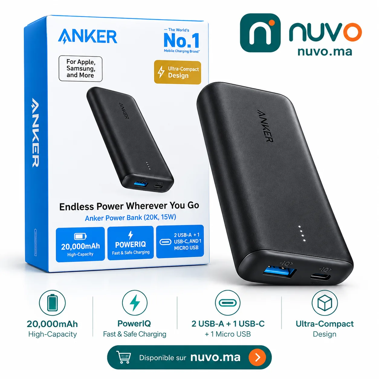 باور بانك أنكر 20000mAh – شحن سريع 15w – 5