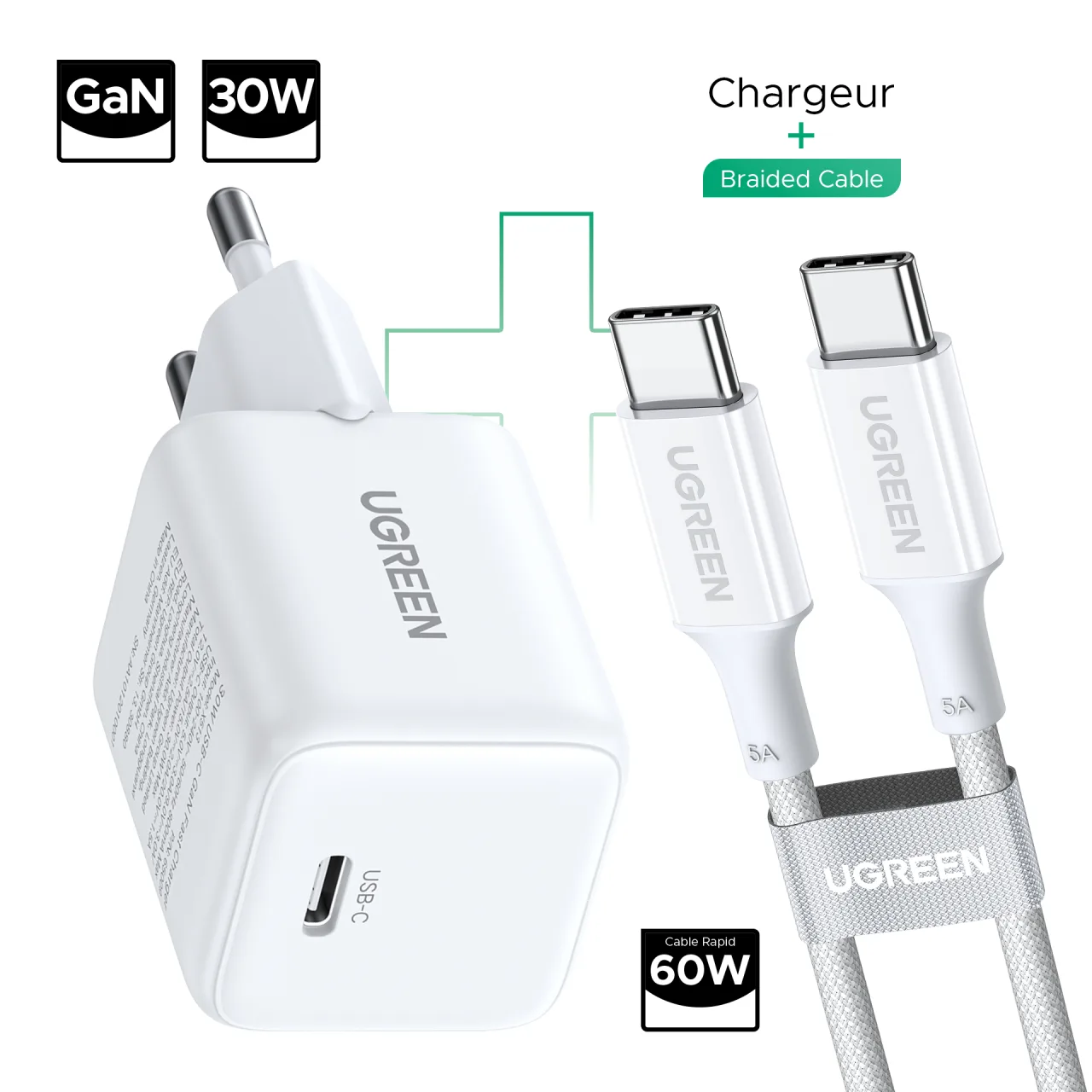 UGREEN شاحن GaN 30W + كابل USB-C 60W – 1