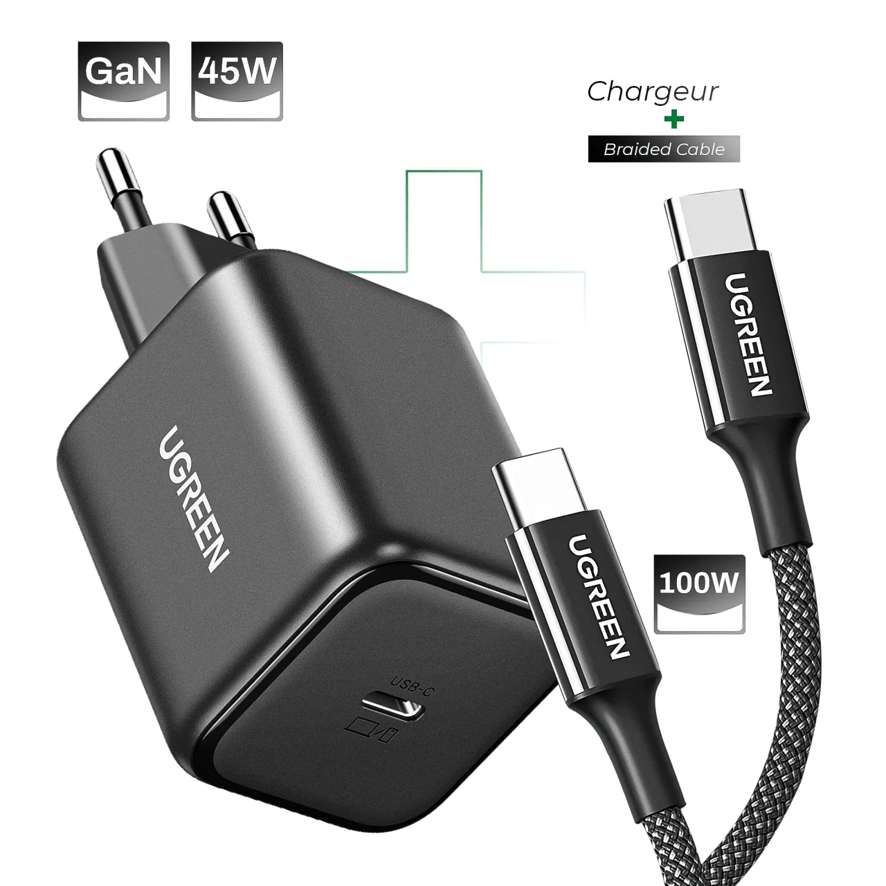 UGREEN Chargeur GaN 45W + câble USB-C 100W – 1