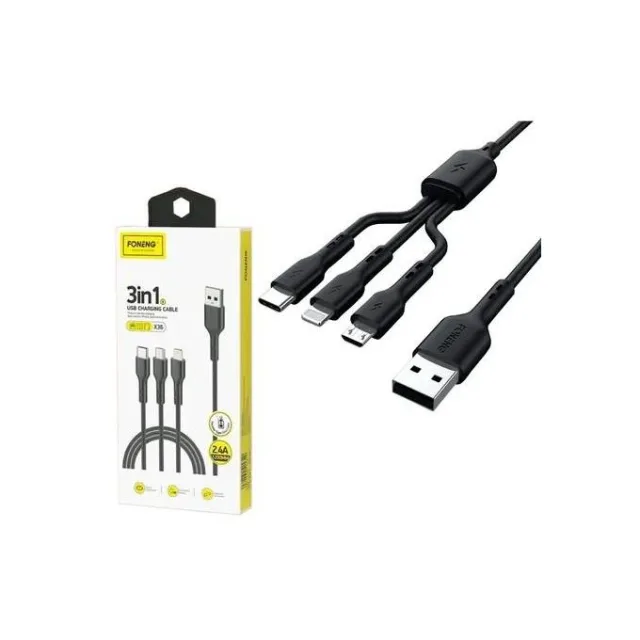 FONENG 3-en-1 – كابل USB إلى Type-C وLightning وMicro-USB بقوة 3 أمبير