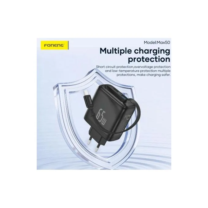 FONENG Max50 – Chargeur GaN 65 W à câble rétractable – 2