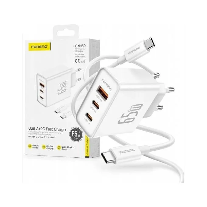 FONENG GaN50 – شاحن 65 واط بثلاثة منافذ + كابل USB-C – 1