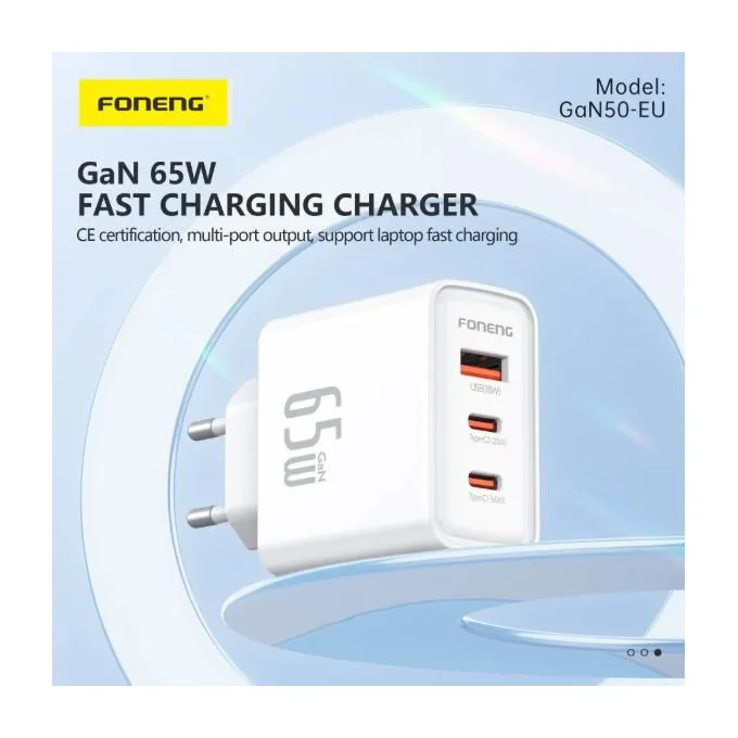 FONENG GaN50 – شاحن 65 واط بثلاثة منافذ + كابل USB-C – 2