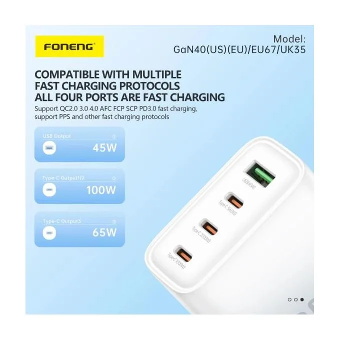 FONENG GaN 100W – شاحن بثلاثة منافذ USB-C وUSB-A – 2