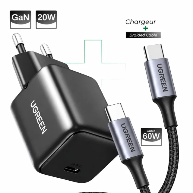 UGREEN Pack chargeur GaN 20W + câble tressé 60W